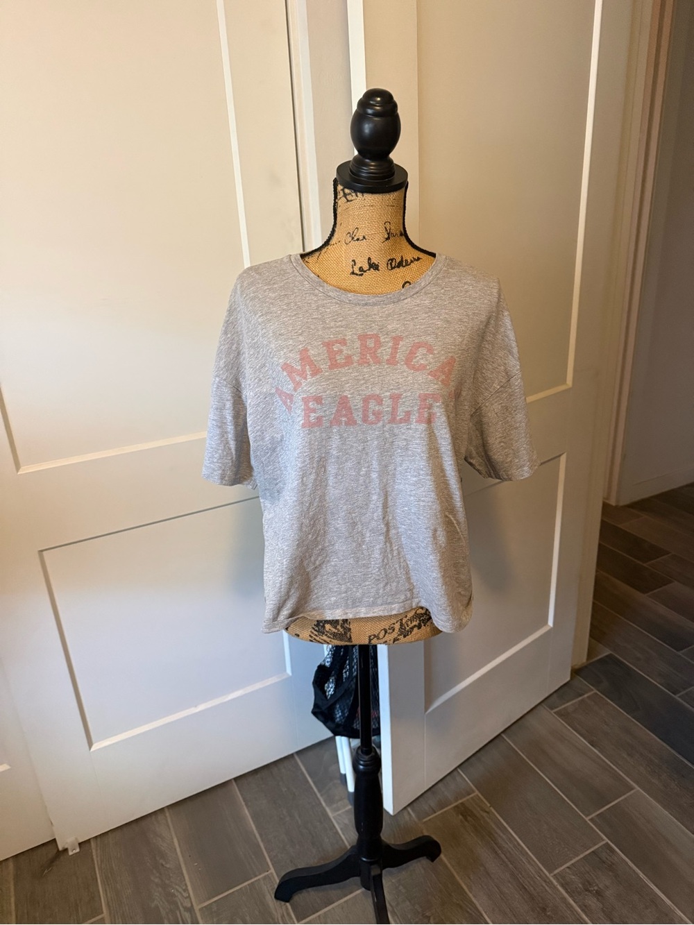 American Eagle Outfitters Heather Gray Tee with Faded Pink Logo - Picture 1 of 3